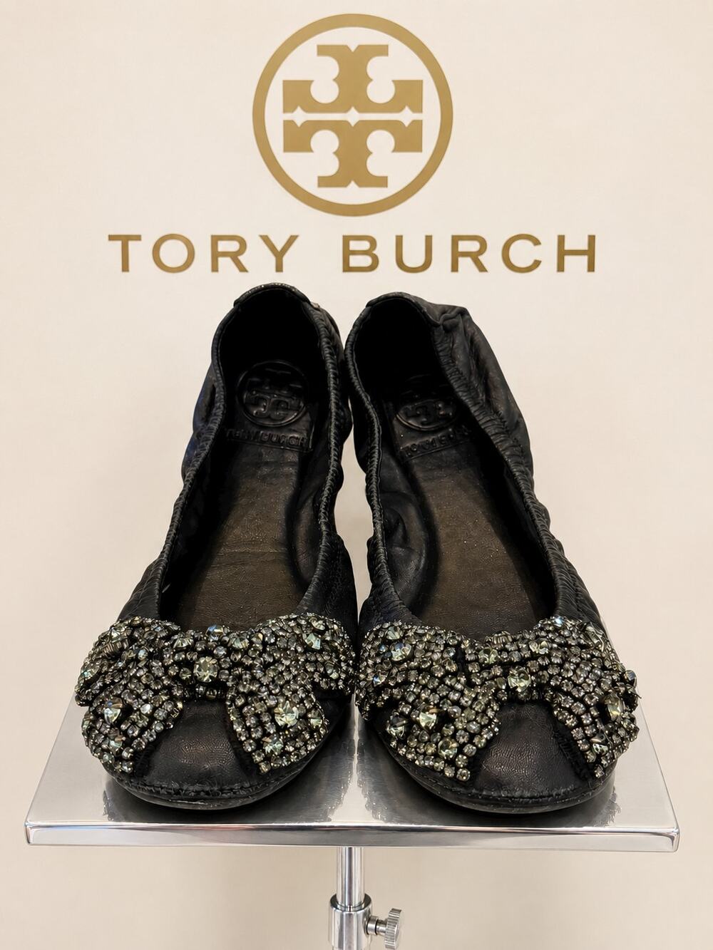Tory Burch Eddie V Embellished Bow Ballet Flats Black Women’s 6.5M